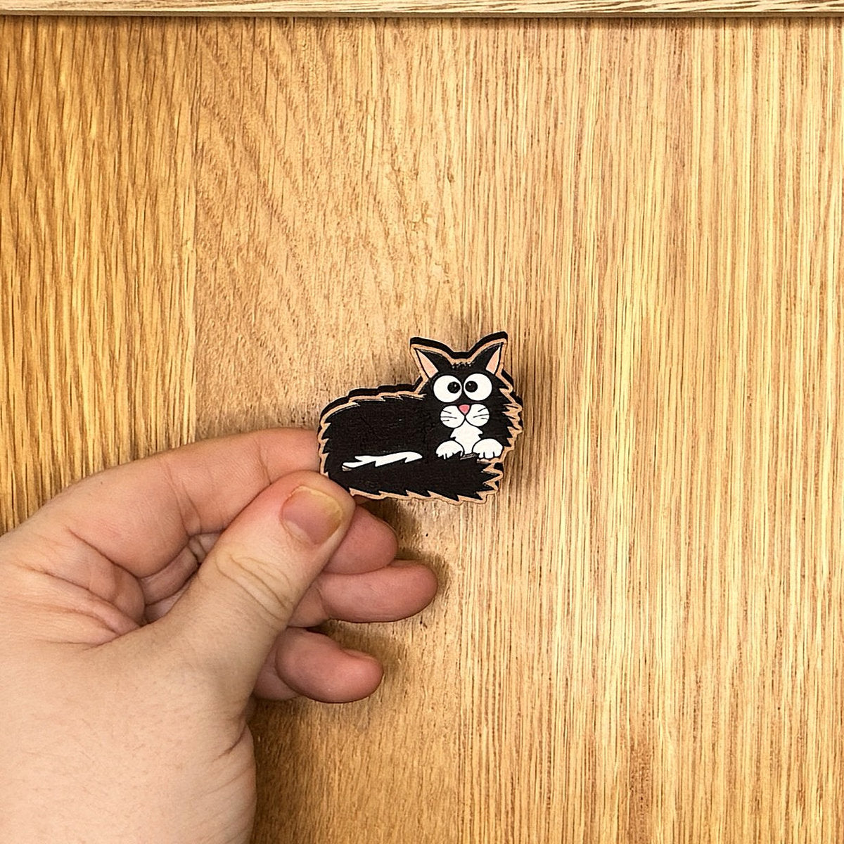 Cat (long haired, black & white) - Wooden Pin